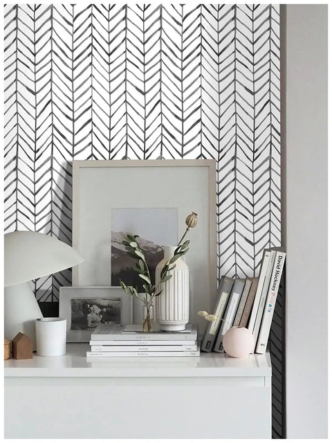 Black And White Peel And Stick Wallpaper Stripe Herringbone Geometric Textured Self Adhesive Contact Paper Removable For Bathroom 17.7In X 9.8Ft visible on wall behind books and decor.