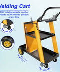 Heavy Duty Multi-Function Welder Trolley For Mig Tig Arc Plasma Cutter With Four Drawer Chest And Safety Chains Moves Effortlessly Across Workshop Floors No Sweat showing 360° rotating wheels.