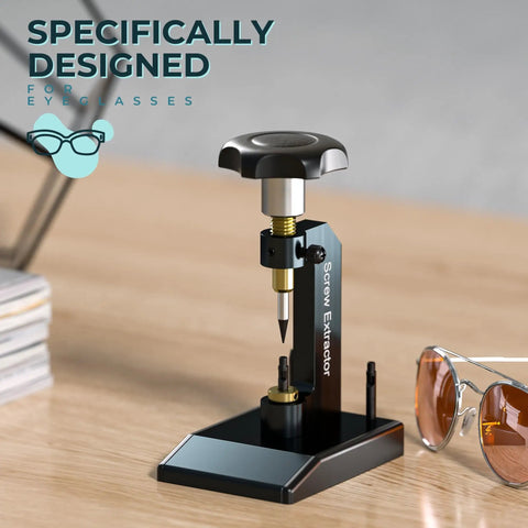Broken Screw Eyeglasses Extractor A Heavy Duty Glasses Repair Tool next to sunglasses on wooden table