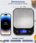 Waterproof Digital Kitchen Scale 0.1g/0.01oz Precision, 5kg/11lb Capacity, Washable USB Rechargeable, IPX6 Rated, Gray next to phone.