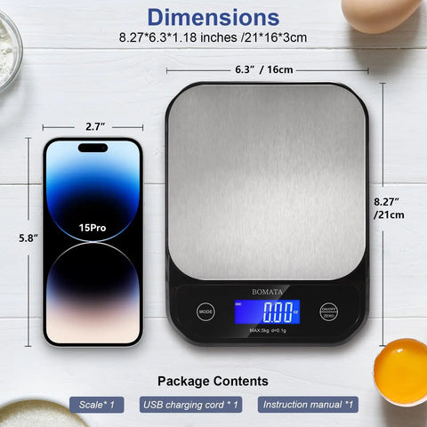 Waterproof Digital Kitchen Scale 0.1g/0.01oz Precision, 5kg/11lb Capacity, Washable USB Rechargeable, IPX6 Rated, Gray next to phone.