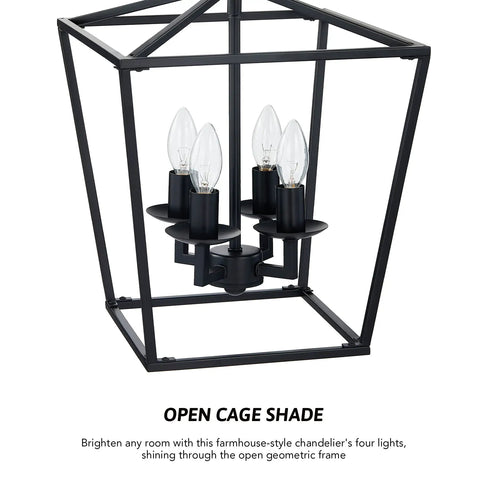 4 Light Farmhouse Lantern Chandelier In Matte Black With Adjustable Chain Rustic Geometric Pendant Light Fixture For Dining Room