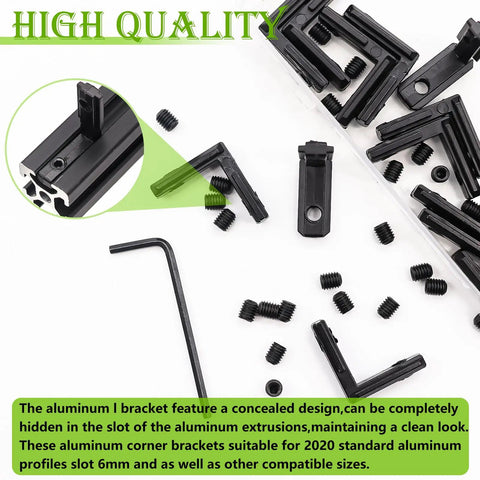 Heavy Duty 2020 Aluminum Extrusion Hardware Kit with screws, wrench, black L shape connectors, zinc alloy fasteners visible