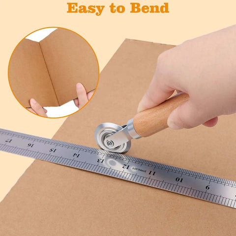 Person using Pro Grade Dual Size Box Resizer Tool Set With 0.5mm And 1.2mm CAMs for precise cardboard scoring with ruler