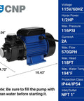 Heavy Duty 1/2Hp Cast Iron Water Transfer Pump Delivers 570Gph Steady Flow And 118Ft Head side view with dimensions and specs.