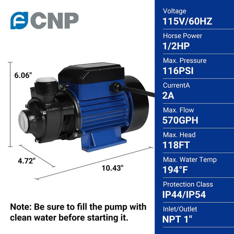Heavy Duty 1/2Hp Cast Iron Water Transfer Pump Delivers 570Gph Steady Flow And 118Ft Head side view with dimensions and specs.