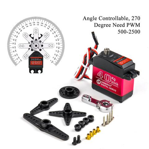 Four-Pack 40Kg Waterproof Digital Servo With 25T Arm High Torque For 1 To 8 1 To 10 1 To 12 RC Crawlers And Trucks Mechanical Arm Swing 180 To 270 Degrees Durable RC Servo For Tough Builds with components and protractor.