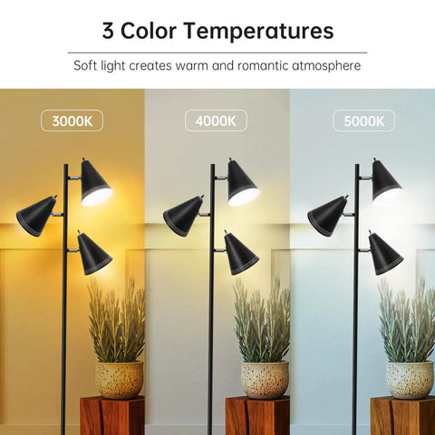 Triple Head Floor Lamp With 9W LED Bulbs, Three Color Temperature Settings, Adjustable Metal Lamp Shades, Black Finish