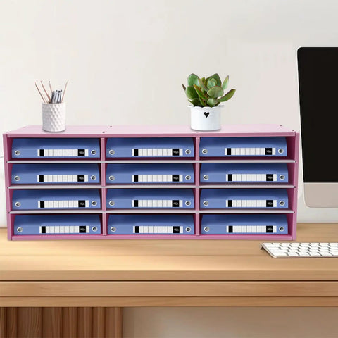 Pink 12 Slot Mail Sorter Organizer For Office And Home Desk PVC File Holder With Top Platform and Blue Folders