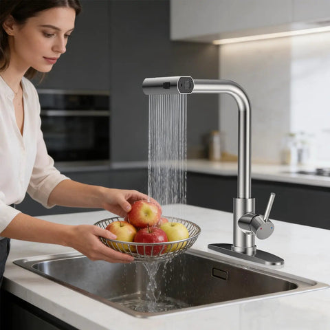 Big Time Upgrade Pull Down Kitchen Sink Faucet Featuring Four High Pressure Spray Modes In Durable Brushed Nickel and Reliable Waterfall Flow for Zero Stress Cleanup Jobs in action rinsing apples.