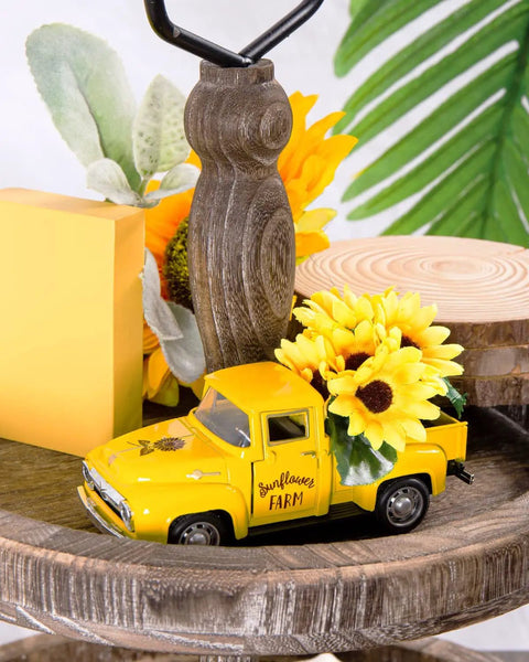 Farmhouse Sunflower Truck Decor Set Of Two That Is Perfect For Tiered Trays Mantel Or Shelf Displays Yellow Metal Diecast Pickup With Mini Sunflower Bouquet For Vintage Charm