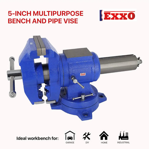 Heavy Duty 5 Inch Multipurpose Bench And Pipe Vise With Ductile Iron Construction 50 000 PSI Strength 360 Degree Swivel