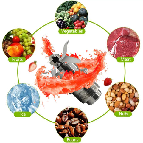 Commercial Blade Cutter Mixer Assembly 502977 CB6 CB10 CB15 with splash showing compatibility with fruits, meat, nuts, ice, beans, vegetables