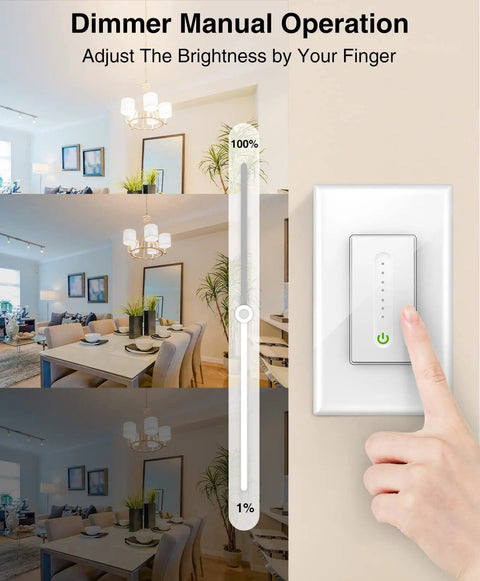 Smart Dimmer Switch That Jives With Alexa And Google Home, No Hub Needed, 2.4GHz Wi Fi, Neutral Wire Required, Dims LED CFL INC Bulbs 0 To 100%, Memory Function, UL Certified, Single Pole, 1 Pack, shown with brightness adjustment in a living room setting.