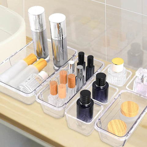 14 Piece Clear Drawer Organizer Set With 3 Adjustable Bin Sizes Acrylic Storage Bins For Makeup Cosmetics Kitchen Utensils And Gadgets