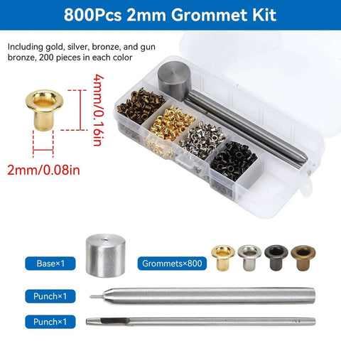 2Mm Grommet Kit With Punch Pliers Tool And Storage Box for Shoes Bags Clothes Diy Projects, assorted colors, 800-piece set