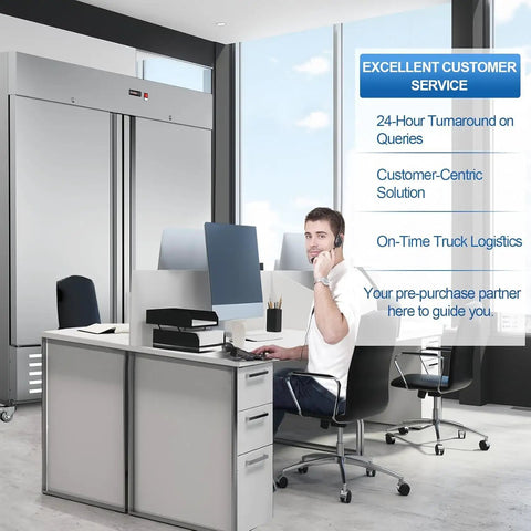 Heavy Duty Two Door Upright Commercial Freezer In Stainless Steel with office desk and customer service representative.
