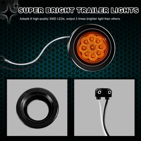 Amber 2 Inch Round Sealed LED Clearance Marker Light Kit With 9 Bright LEDs DOT Approved Reflective Trailer Side Marker Lamps Flush Mount With Grommet And Wire Pigtails