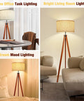 Wood Tripod Floor Lamp With Mid Century Vibe in home office, living room, bedroom settings, flaxen linen shade, LED bulb included.