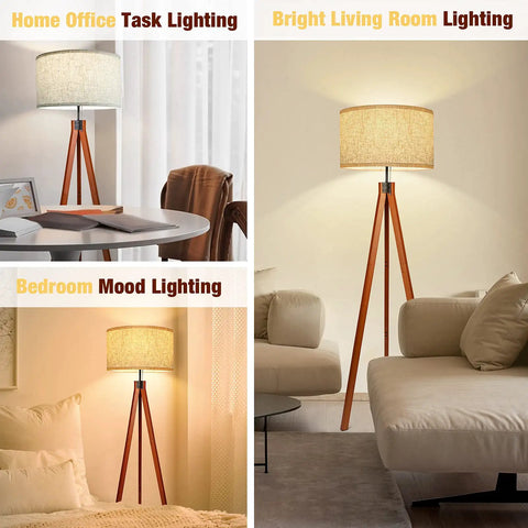 Wood Tripod Floor Lamp With Mid Century Vibe in home office, living room, bedroom settings, flaxen linen shade, LED bulb included.