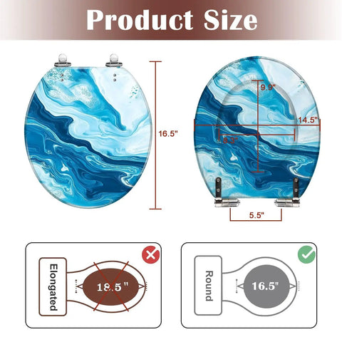 Round Toilet Seat Replacement, Slow-Close, Bathroom with size indicators showing 16.5" length and 14.5" width.