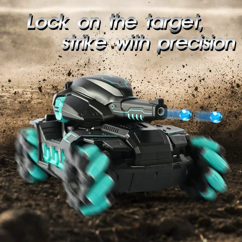 Hand Controlled RC Tank That Shoots BBS And Water Bullets, on dirt with glowing wheels, 2.4GHz Gesture Sensor Remote Tank Toy