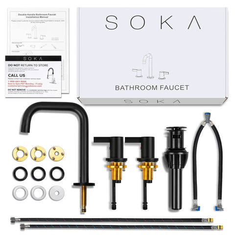 Matte Black Widespread Bathroom Faucet With Two Handles, Three Piece Vanity Lavatory Set, 360 Degree Rotating Sink Tap components