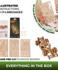 Compact Racer 3D Puzzle Kit With 90 Pieces Snap Together No Glue Required Wood Model Five Point Two Inch Brown Buildable Educational Toy For Kids And Adults STEM Gift And Hobbyist Favorite, box contents and assembled race car