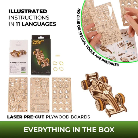 Compact Racer 3D Puzzle Kit With 90 Pieces Snap Together No Glue Required Wood Model Five Point Two Inch Brown Buildable Educational Toy For Kids And Adults STEM Gift And Hobbyist Favorite, box contents and assembled race car