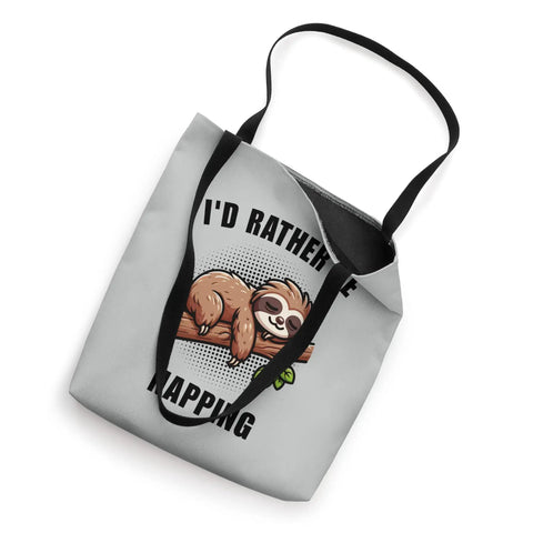 Sloth Themed Tote Bag For Nap Lovers I Would Rather Be Napping Design with sloth graphic, 16x16 inch gray tote, black handles