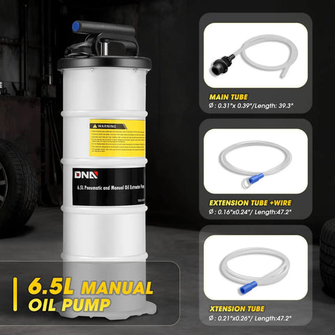 Versatile 6.5L Oil Extractor Pump With Dual Pneumatic And Manual Modes, shown with three different hoses