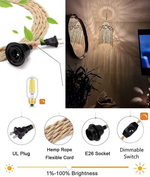 Boho Plug In Pendant Light With Macrame Shade And Hemp Rope Cord Dimmable Switch From 10 To 100 Percent Brightness Indoor Hanging Lamp