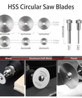 HSS Circular Saw Blades from Ultimate 106Piece Cutting Discs Set For Rotary Tools And Grinders, shown cutting wood, metal, plastic.