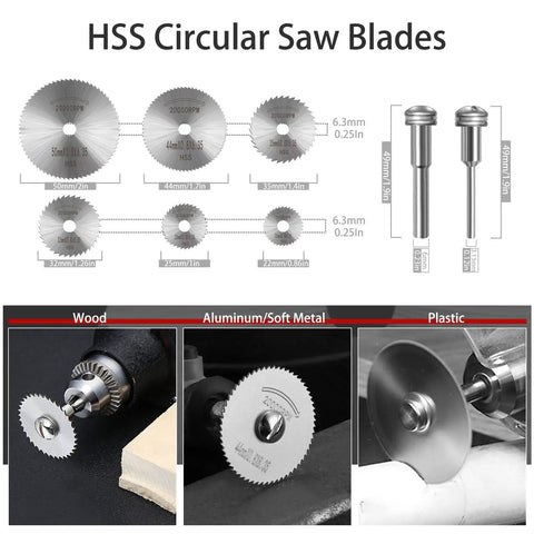 HSS Circular Saw Blades from Ultimate 106Piece Cutting Discs Set For Rotary Tools And Grinders, shown cutting wood, metal, plastic.