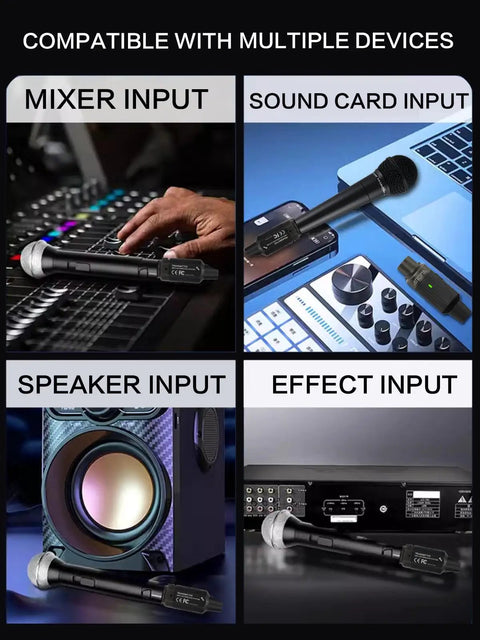 Aroma Wireless XLR Transmitter and Receiver Set for Pro UHF Microphone System shown with mixer, sound card, speaker, and effect inputs.