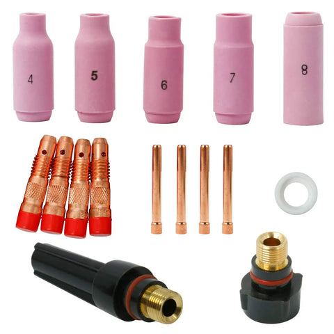 58 Piece TIG Welding Torch Kit With Collets, Alumina Nozzles, Gas Lens, Consumables For WP-17, WP-18, WP-26 Series