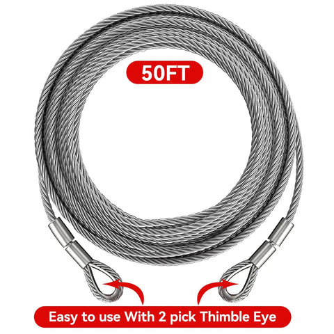 Beefy Heavy Duty Tow Cable With 2 Pick Thimble Eyes, 3/8 Inch 7x19 Steel Cable, 13980 Lbs Breaking Strength, 50 Feet, Corrosion Resistant, Aluminum Collars, Ready For Off Road Recovery And Heavy Towing