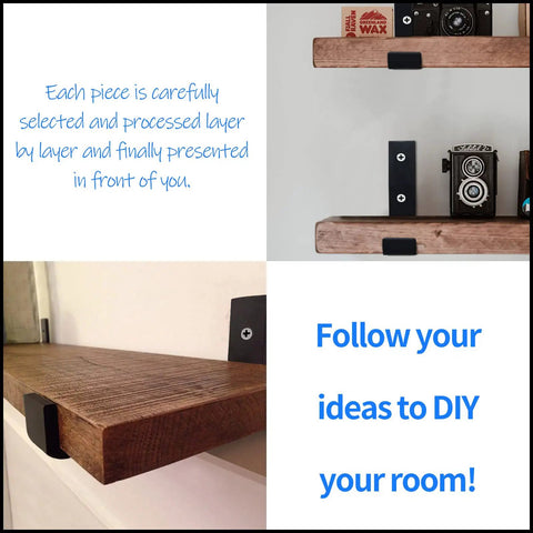 Heavy Duty Steel Shelf Brackets 8 Pack Built To Last supporting wooden shelves with embedded screw holes, shown in a DIY setup