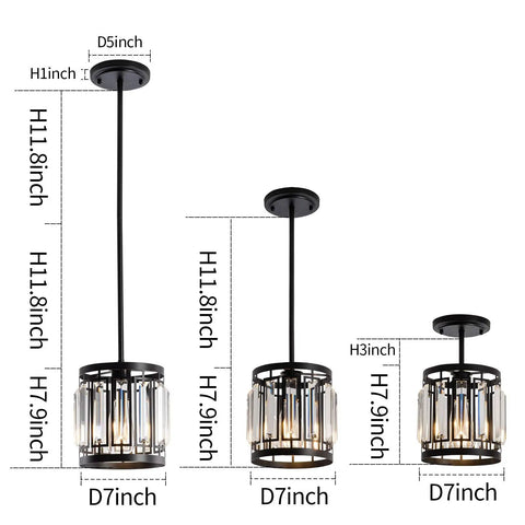 Three sizes of Four Light Farmhouse Pendant Chandelier For Dining Room And Kitchen Island Modern Black Crystal Lights shown with dimensions.