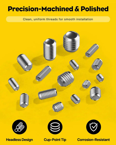 405 Piece Metric Set Screw Kit With M3 M4 M5 M6 M8 Threads 24 Lengths Durable 304 Stainless Steel Includes Five Allen Wrenches For Quick Easy Install And A Handy Secure Fit In Any Repair Or Assembly Job. Headless cup-point screws on yellow background