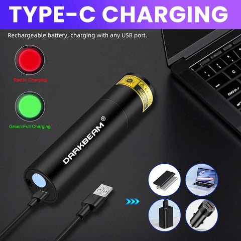 365 Nanometer Mini Black Light UV Flashlight With USB Rechargeable Power Portable Woods Lamp next to laptop and charging cable