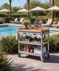 Outdoor bar cart with drinks and towels by a pool, showcasing 1.5 Inch Caster Wheels Set Of 4 Heavy Duty No Noise Swivel Top Plate Casters.