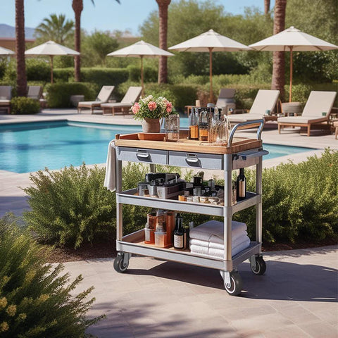 Outdoor bar cart with drinks and towels by a pool, showcasing 1.5 Inch Caster Wheels Set Of 4 Heavy Duty No Noise Swivel Top Plate Casters.