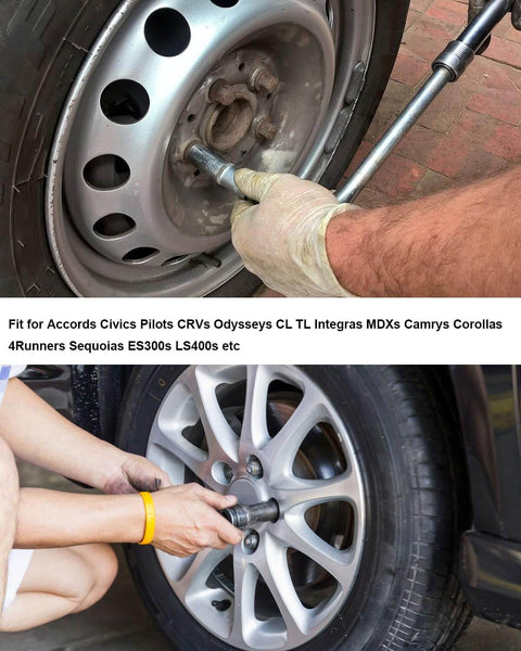 Using Half Inch Drive Harmonic Balancer Socket Set, 6 Piece Includes 17Mm 19Mm 21Mm 22Mm 24Mm 27Mm on a car wheel.