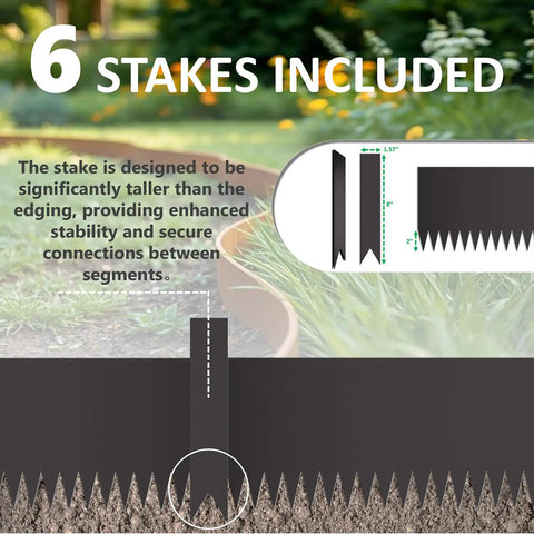 Heavy Duty Galvanized Steel Landscape Edging Kit With Six Stakes For Lawn And Garden Borders, 20 Ft Total Length, 40 Inch Long By 6 Inch High, Rust Resistant Hammer In Border For Durable Yard Landscaping showcasing stake height detail.