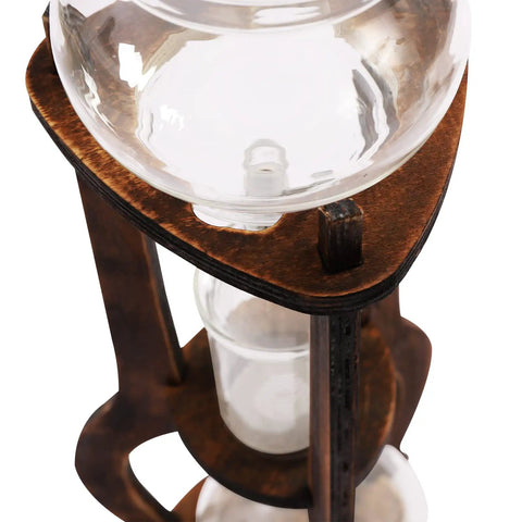 Slick Portable Cold Brew Coffee Maker Tower Featuring Adjusted Drip Speed And Generous 600 ML Size close-up view of glass and wooden structure.