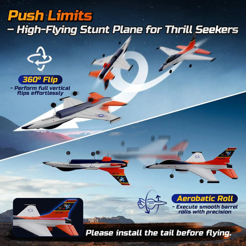 F16 Style RC Airplane With 4 Channel Control And 6 Axis Gyro Stabilizer showcasing aerobatic rolls and flips in a blue sky.