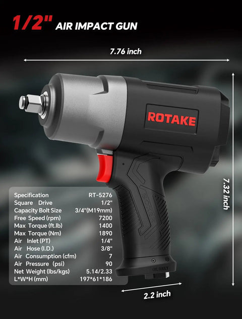 No-Sense Real Deal Heavy Duty 1/2 Inch Drive Air Impact Wrench With Twin Hammer Mechanism And Reinforced Aluminum Gearbox Pumping Out Straight Up 1400 Ft Lbs Of Torque For Auto Repair Today side view showcasing design and size.