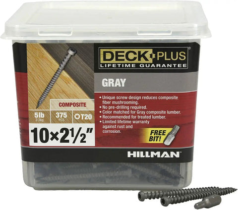 Gray Star-Drive Deck Screws For Outdoor Decking Size Ten By Two And A Half Inch Self-Tapping Tip With Trap Head No Pre-Drill Required Ceramic Coated For Rust And Corrosion Protection Suited For Composite Treated Wood And Plastic Materials in a clear plastic container, showing product details.