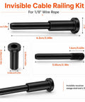 Kickass 20 Piece Hella Durable 1/8 Inch Black T316 Stainless Steel Invisible Cable Railing Kit components showing sizes and design.